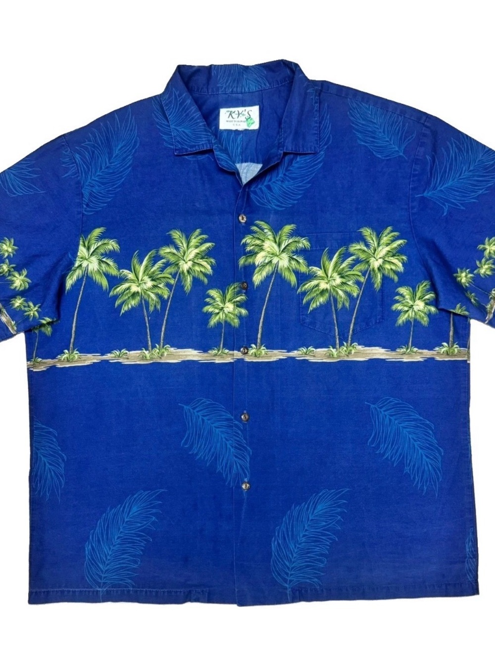KY's Blue Palm-Print Hawaiian Button-Down Shirt for Men